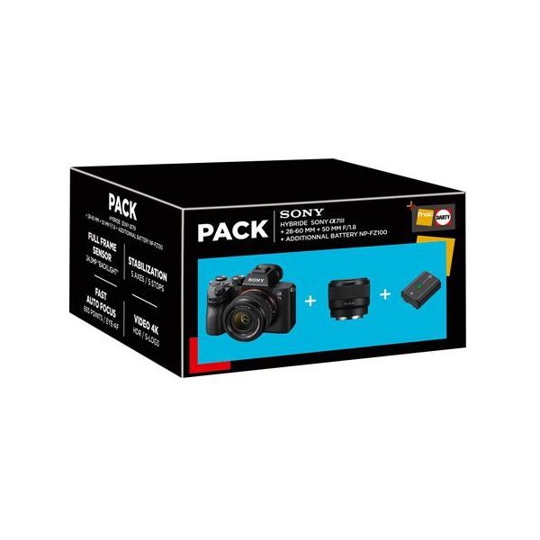 pack fnac appareil photo hybride sony alpha 7iii noir + fe 28-60mm f/4-5.6 + fe 50mm f/1,8 + batterie additionnelle