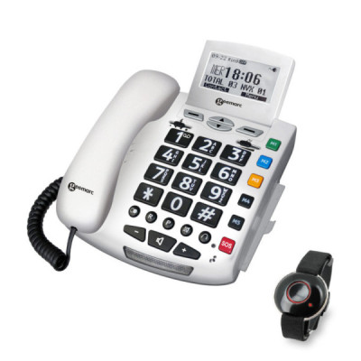 Geemarc Serenities - Téléphone Filaire Amplifié avec Bracelet SOS Étanche pour Seniors