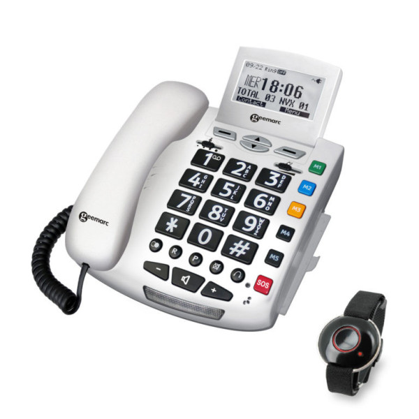 Geemarc Serenities Téléphone Filaire Amplifié avec Bracelet SOS Étanche, Grosses Touches, Sonnerie Puissante, Version FR