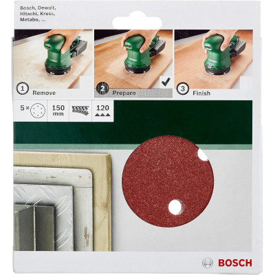 Bosch Accessories 2609256A32 - Feuilles Abrasives 150mm Grain 120 (Lot de 5) - Ponceuses Excentriques