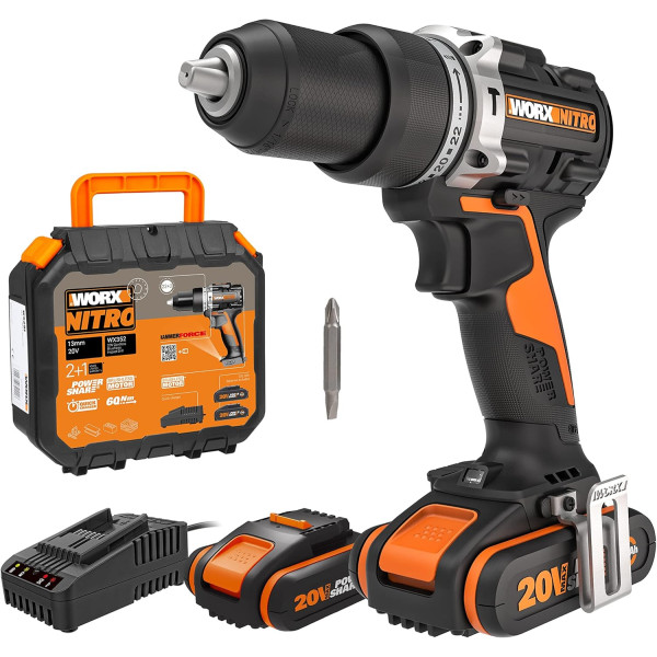 WORX NITRO Perceuse à Percussion sans Fil 20V WX352, 60Nm, Mandrin 13mm, Brushless, 2 Vitesses, 2 Batteries 2Ah et Accessoires